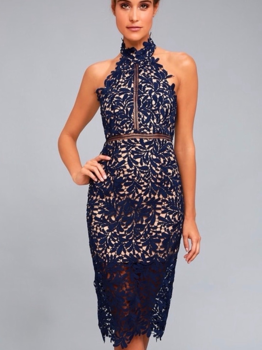 Lulus Navy Blue Lace Halter Midi Dress Women’s Medium
